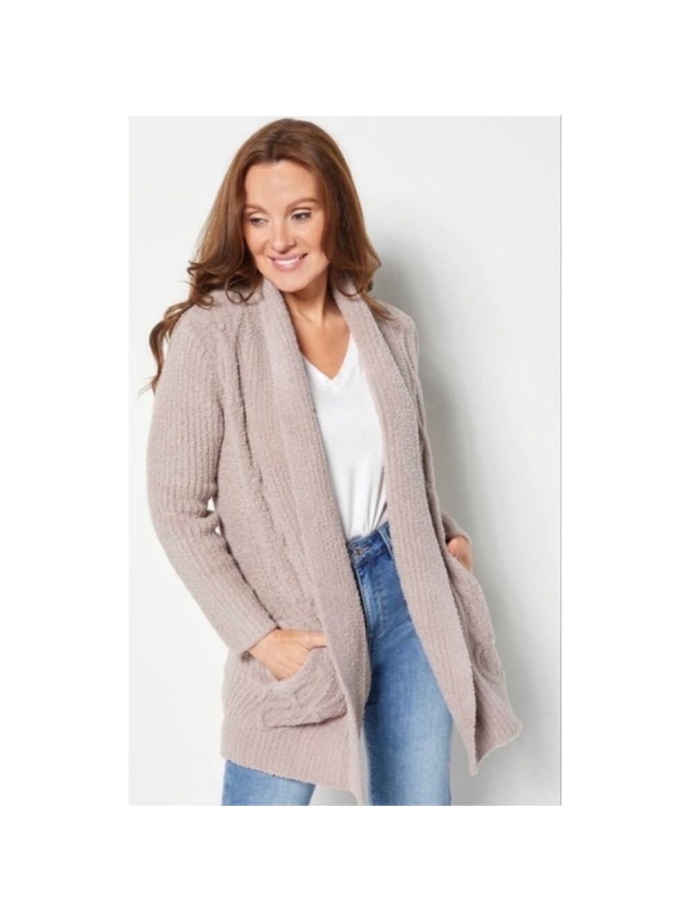 NWT Barefoot Dreams CozyChic Cabin Cable Cardigan 3X Taupe - Picture 2 of 4
